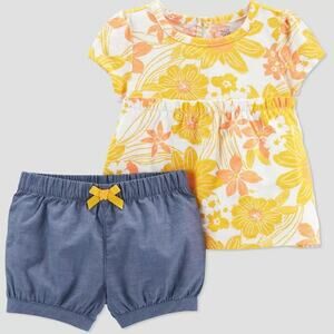 Cotton Floral Top & Bottom Set Shorts Bow‎ Peplum Shirt Carter's Yellow Blue 9M